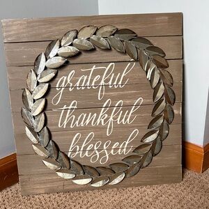 Grateful Thankful Blessed Wooden Wall Art with Silver Leaf Wreath 16x16